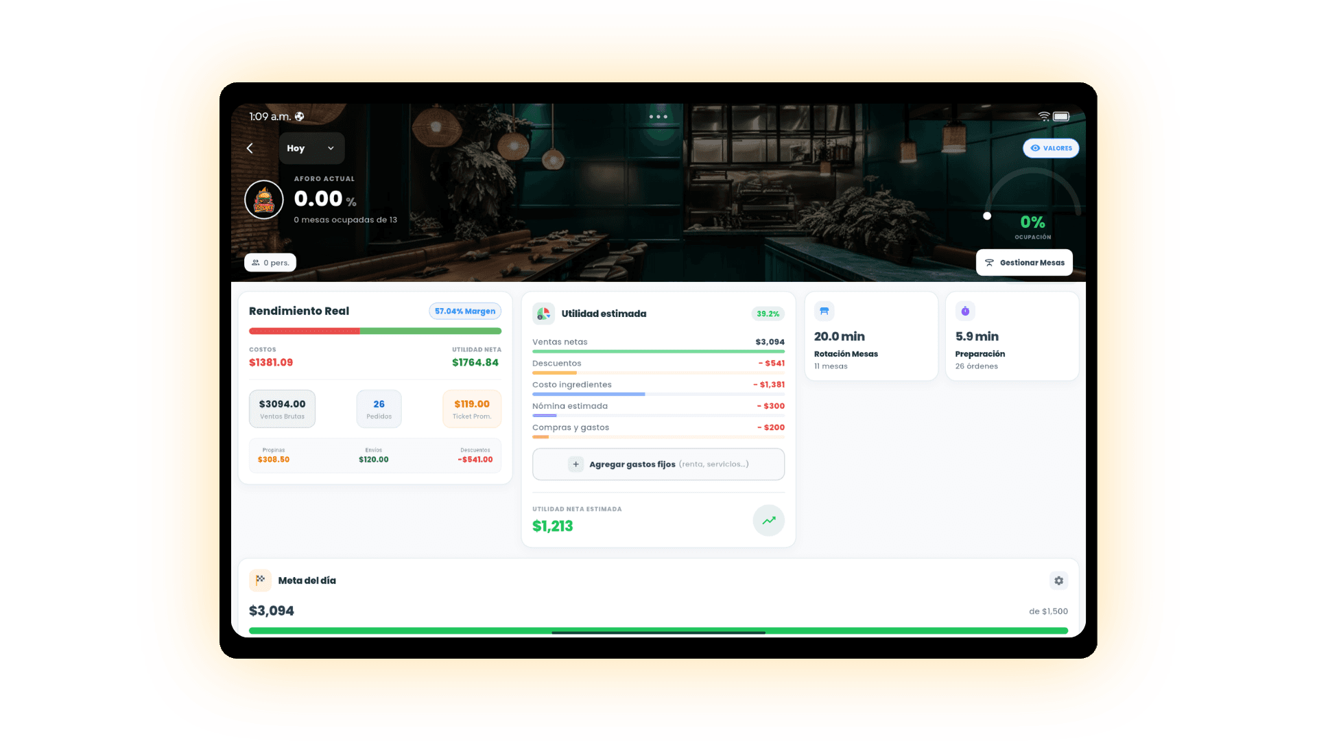 Dashboard Restaurantero en tablet